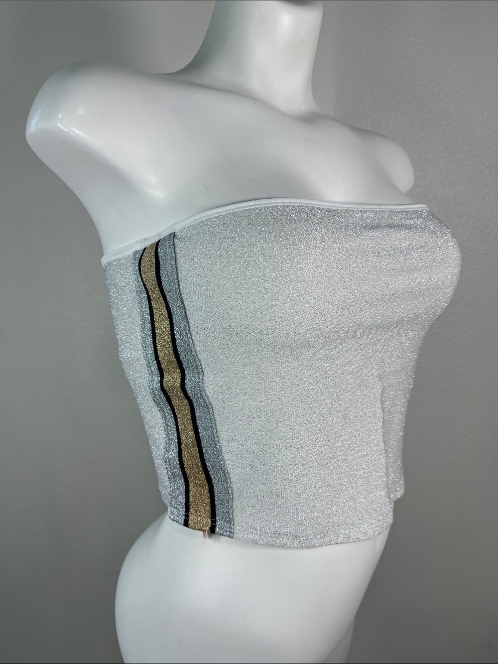 PINK Victoria's Secret Silver Sparkle Strapless Tube Top with Side Stripes MED